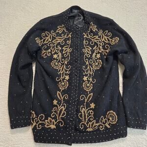 Vtg Mitsu Koshi 1950s Black Wool Angora Beaded Gold Cardigan Sweater Sz M